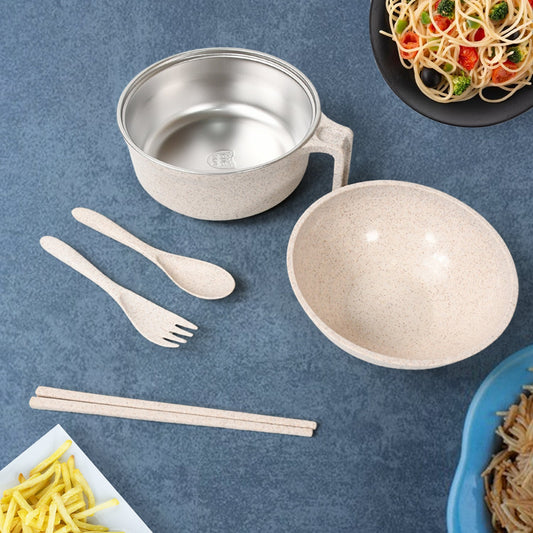 5606 Rice Bowl Noodle 1 Bowl with 1 Lid and Handle Wheat Straw Noodle Bowls with Wheat Straw 1 Fork, 2 Chopsticks, 1 Spoon for Soup Salad Cooker Snack Set (6 Pcs Set)